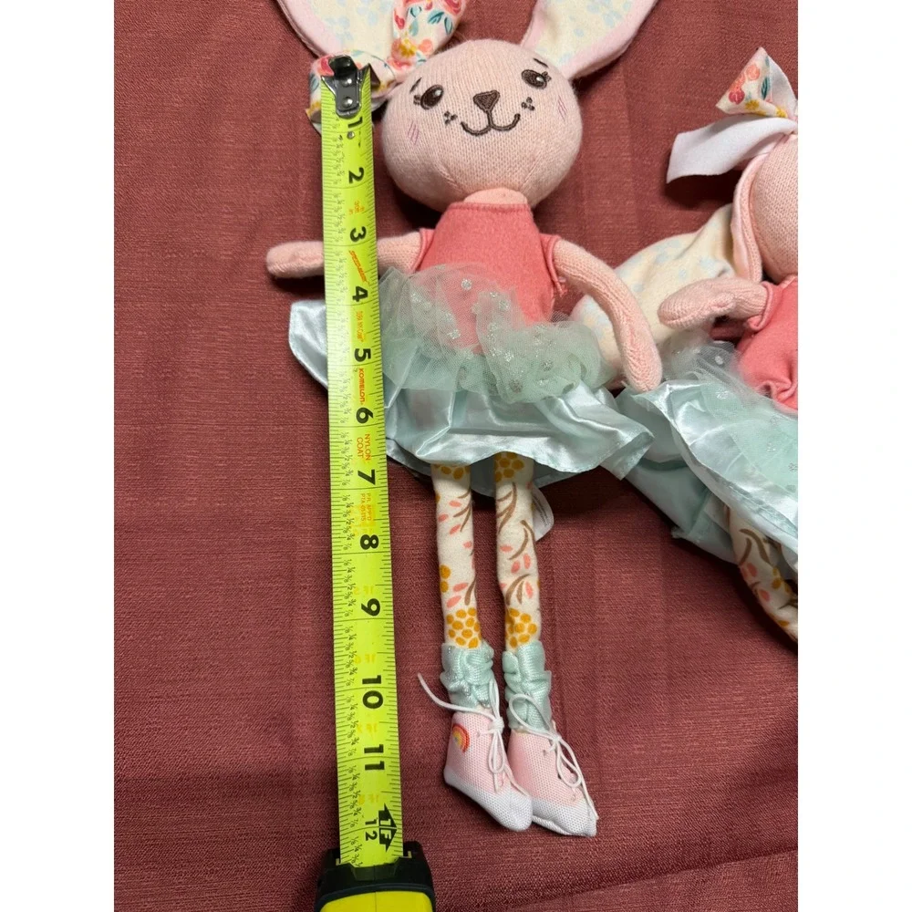 Set of 2 Plush Ballerina Bunny Dolls Pink Mint Green Tulle Tutu Floral Knit 12
